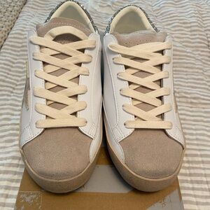 Golden Goose White and Tan Sneakers with Silver Glitter